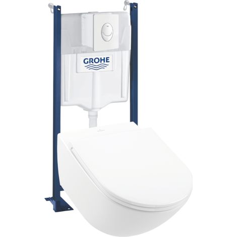 Lot WC modèle suspendu VILLEROY ETPack WC suspendu VILLEROY & BOCH Universo TwistFlush + Abattant frein de chute + Bâti support mur GROHE + Plaque de commande blanche (1/4)