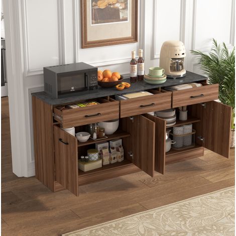 Aparador de cocina 76.5x160x37 cm nogal MDF con encimera efecto hormigón, 3 cajones y estantes ajustables (1/5)