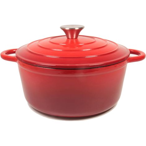 Cacerola, olla para asar, olla para guisos, olla para hornear pan con tapa y asas, 22 cm/3 l, redonda, asador de esmalte rojo con tapa, apto para horno, compatible con inducción, para freír. (1/5)