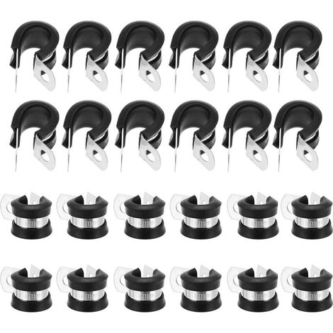 Juego de 24 abrazaderas de manguera de acero inoxidable de 10 mm, tipo P con revestimiento de goma, para accesorios eléctricos automotrices, tubos, tuberías, cables, cuerdas y alambres. (1/5)