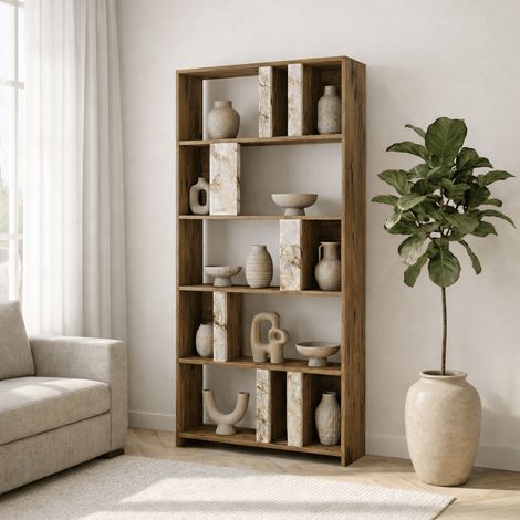 Asymmetrisches Bücherregal Marmoroptik Walnuss Melamin Lima