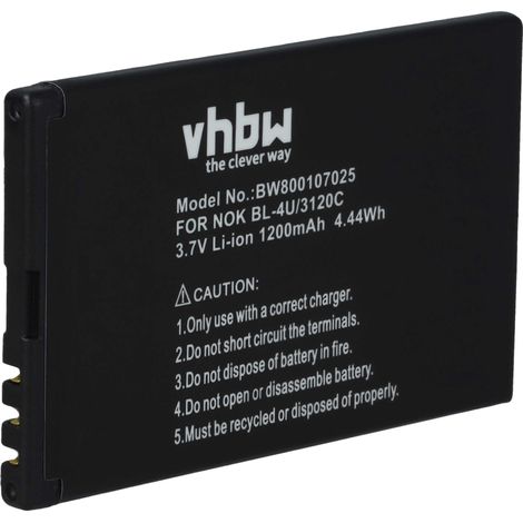 vhbw Akku Ersatz für Nokia BL-4U für Handy Smartphone Telefon (1200 mAh, 3,7 V, Li-Ion) (1/5)