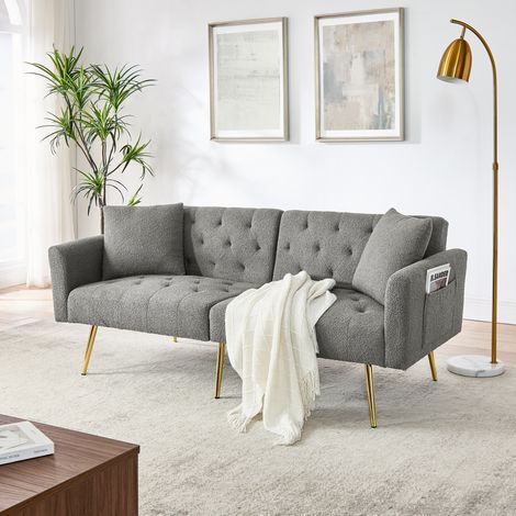 2-Sitzer-Sofa grau aus Lammfell-Optik mit verstellbarer Rückenlehne, 2 Kissen und goldfarbenen Metallbeinen (1/5)