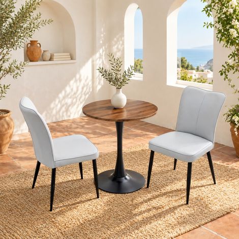 Runder Tisch 60 cm aus MDF mit 2 hellgrauen PU-Stühlen, schwarzem Gestell, OKWISH (1/5)