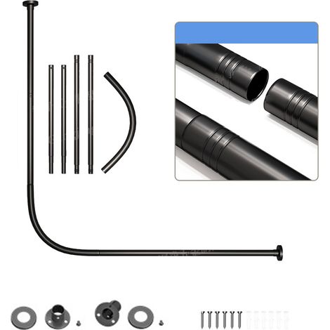 Tringle à rideau de douche en acier inoxydable en forme de L,tringle à rideau rétractable,support de cloison de salle de bain, percée,108-138cm(noir) (1/5)