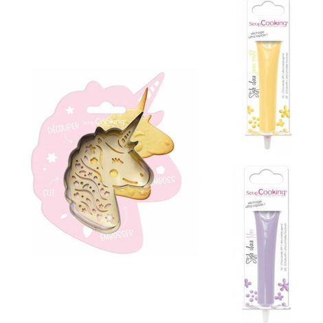 Kit pour biscuit en relief Licorne + 2 Stylos au chocolat jaune pastel et lilas