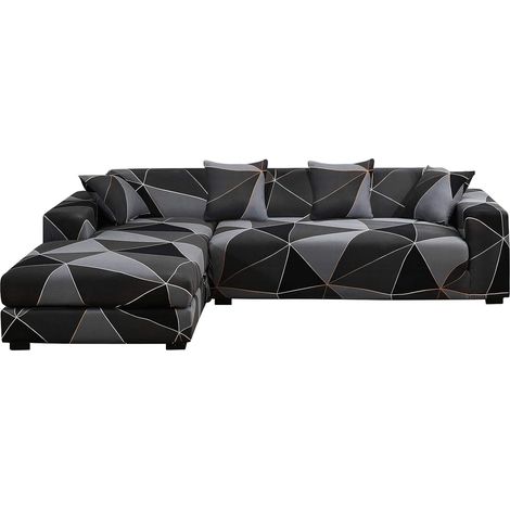 Lot de 2 Housse de Canapé Extensible 2 Places+3 Places Housse de Canapé d'angle en Forme de L pour Canapé de Angle, Protection Canapé d'angle, Carreaux Noirs (1/5)