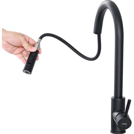 Lonheo Grifo Cocina Extraíble, 360° Giratorio Fregadero de Cocina, Grifo de Fregadero Monomando con 2 Modes de salidas de agua, Negro Matto (1/5)