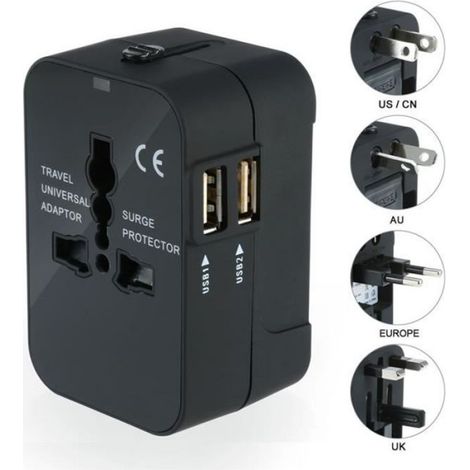 Chargeur Adaptateur de Voyage Universel, US EU UK AU avec 2 USB Ports pour Appareils Photo,Téléphones Portables,Tablette, iPad, Noir (1/4)