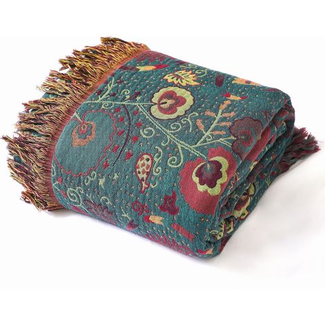 Plaid coton 200x230 cm vert floral – Tissage exclusif avec franges – Douceur respirante pour intérieur – Lavable en machine à 30°C