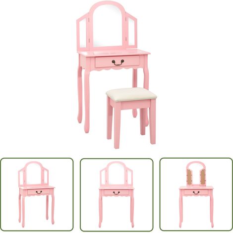 The Living Store Coiffeuse et tabouret Rose 65x36x128 cm Bois de paulownia MDF - Coiffeuse - Meuble De Salle De Bain - Vanity - Miroir Rond - Table De Maquillage (1/5)
