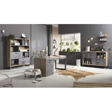 Scrivania da ufficio porta PC stile Industrial con 1 anta e 2 cassetti color rovere e nero 170 cm -Scrivania (1/4)