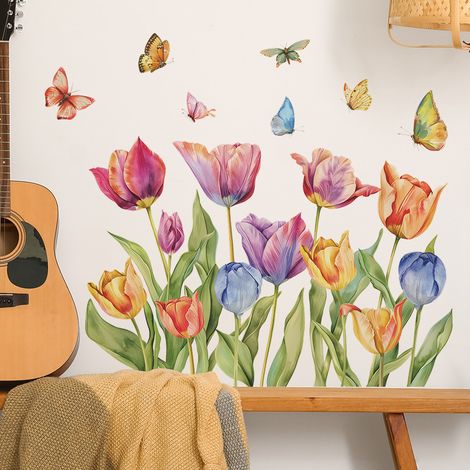 Lntyq Stickers Muraux Fleur de Tulipe, Autocollants Muraux Aquarelle Jardin Papillons Floraux, Décoration Murale pour Chambre Salon Salle de Bain Cuisine