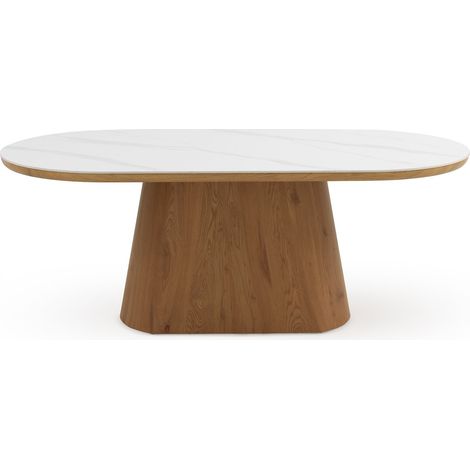 Ovaler Esstisch aus MDF in Eichenholz mit Keramikplatte aus weißem Calacatta-Marmor (1/5)