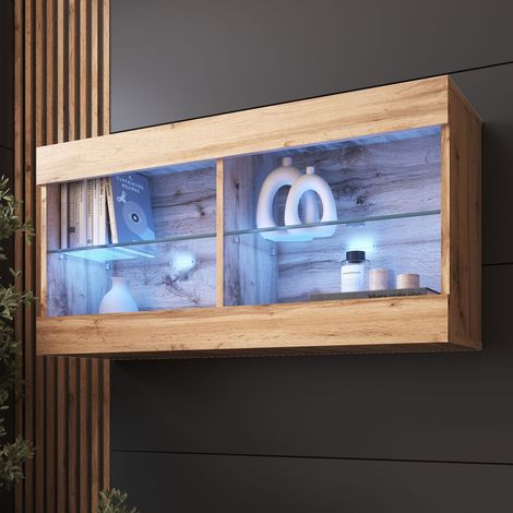Komodee Vitrine Suspendue Tivoli Horizontal 100, Wotan/Wotan, LED Bleues Largeur 100cm x Hauteur 50cm x Profondeur 29,5cm, 2 étagères en verre, pour Salon, Chambre