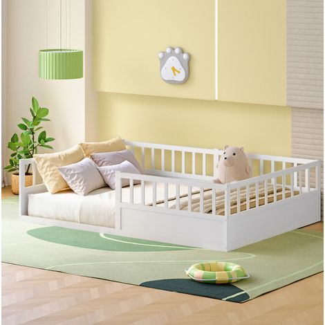 Lit enfant Montessori 140x200 cm blanc avec barrière, en bois de pin, sans matelas MEUBLIV (1/5)