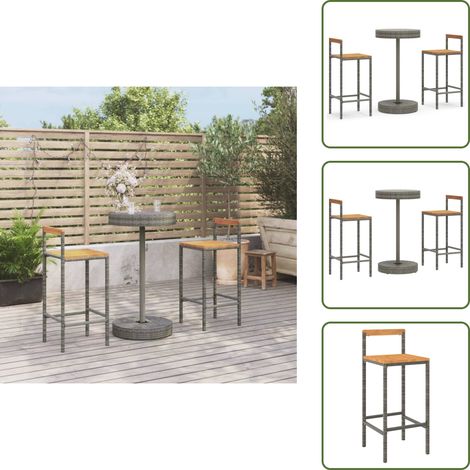 Ensemble de bar jardin 3 pcs gris poly rotin/bois massif acacia - Ensemble Salon De Jardin - Mobilier De Jardin - Set De Bar Extérieur - Table Et Chaises De Bar - Table Basse Extérieure