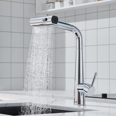 Robinet Cuisine avec Douchette Extractible, Mitigeur Cuisine avec 3 Modes de Jet, Robinetterie Evier Cuisine Pivotant à 360° en Acier Inoxydable, Finition Chromé, Froid & Chaud Disponible (1/5)