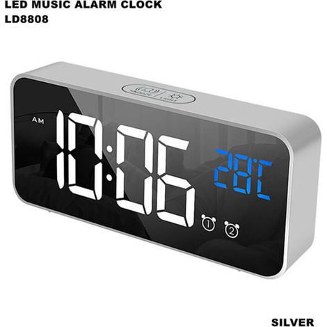 Réveil numérique, réveil matinal numérique miroir LED grand écran température/snooze/2 alarmes, luminosité et son réglables, activé par le son, horloge de charge USB pour bureau