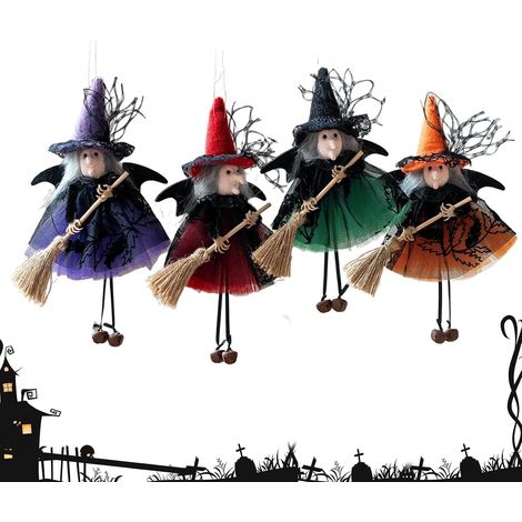 Ornement Sorcière Quatre Poupées Tenant Un Balai Décor Sorcière Halloween Pour fête, manteau, cheminée, jardin, porche, bureau, entrée, étagère (1/5)