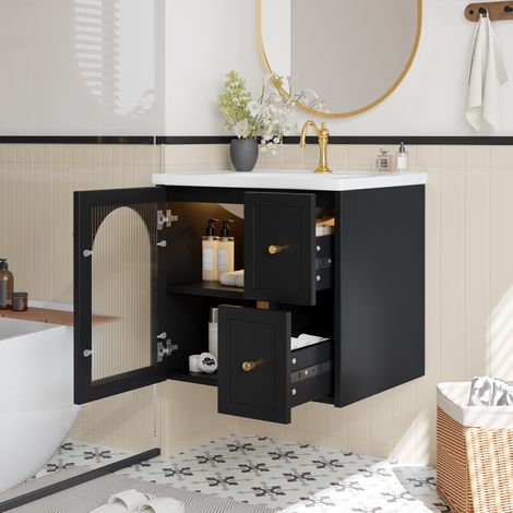 Armoire salle de bain murale avec lavabo céramique,éclairage LED,porte verre cannelé et poignées métalliques,fermeture douce noir et blanc.