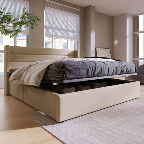 Lit double 140x200 beige lin - Tête de lit avec rangement hydraulique, sommier lattes bois et métal inclus (sans matelas) (1/5)