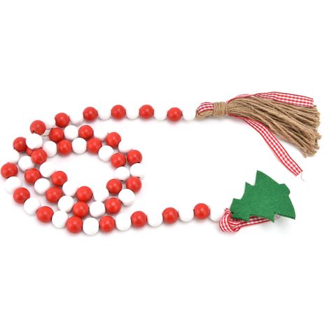 Guirlande de perles en bois, pompon pour sapin de Noël, décorations en perles de bois pour la maison et les fêtes (rouge et blanc) (1/5)