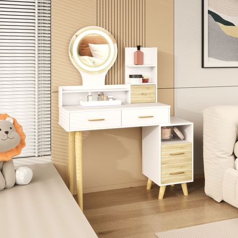 Coiffeuse avec Miroir et Lumières LED Réglables avec 5 Tiroirs, 4 Compartiments et 1 Étagère 100x44x137 cm Blanc et Naturel