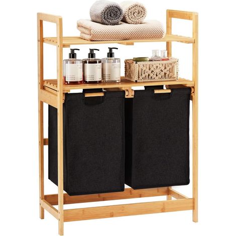 Wäschekorb Bambusgestell 2 Ablagen 2 70 L (93 x 64 x 33 cm) Schwarz (1/5)