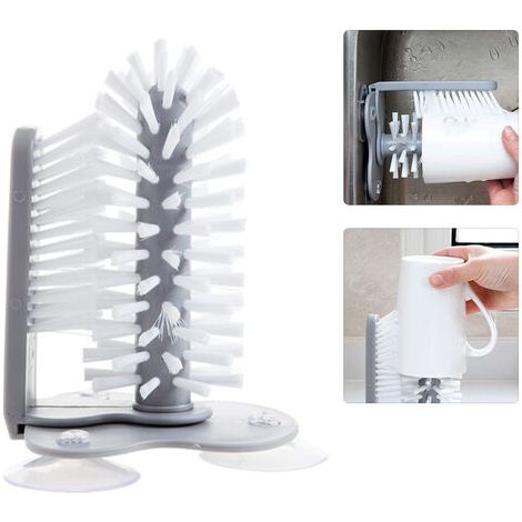 Brosse de nettoyage de vitres à ventouses fixée au mur, double tête de brosse, 3 ventouses à la base (1/5)