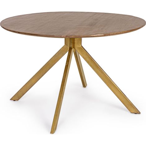 Table à manger ronde bois de manguier foncé et pieds acier laiton mat Kamy 120 cm