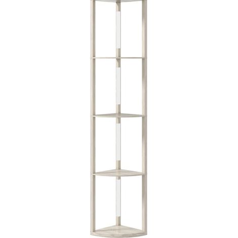 Lampadaire LED d'angle avec 4 étagères, dimmable, blanc chaud, finition chêne (1/5)