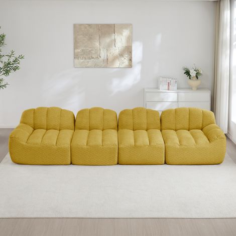 Divano modulare 4 posti in pile granulato giallo, senza struttura rigida con ottoman e composizione flessibile (1/5)