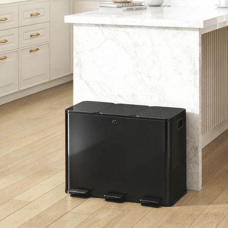 Poubelle de cuisine de 45 litres avec 3 compartiments de 15 litres, couvercle, seaux intérieurs amovibles, noire (1/5)