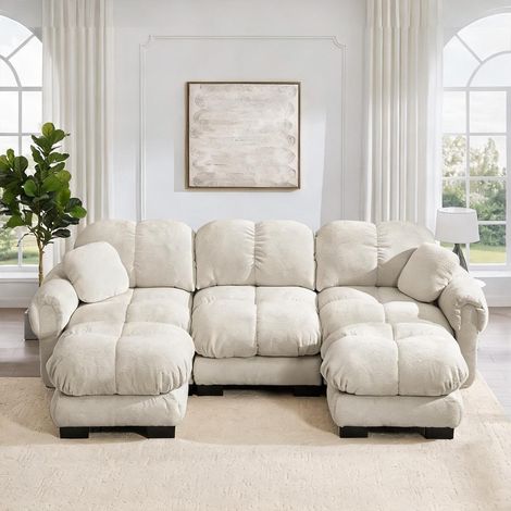 Ottomane et coussins pour canapé en U finition beige en chenille (1/5)