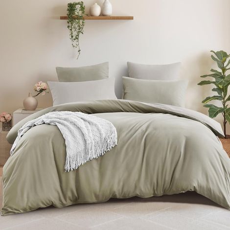 Housse de Couette 220x240 Réversible avec 2 Taies d'oreiller 65x65 cm (Taupe/Beige) - Parure de Lit 240 x 220 Adulte 2 Personne Microfibre, Parure Couette avec Fermetures éclair (1/5)
