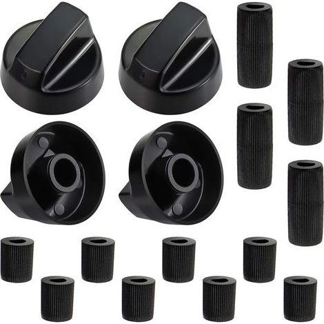 4 Boutons Universels pour Plaque de Cuisson Noirs, Boutons de Commande pour Toutes Marques et Modèles de Fours, Cuisinières et Plaques, avec 12 Adaptateurs (1/5)