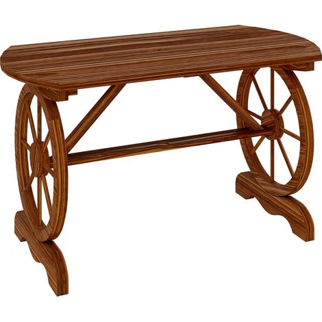 Mesa de jardín de madera Abet con patas en forma de rueda, orificio para sombrilla, 120x63x70 cm, acabado carbonizado