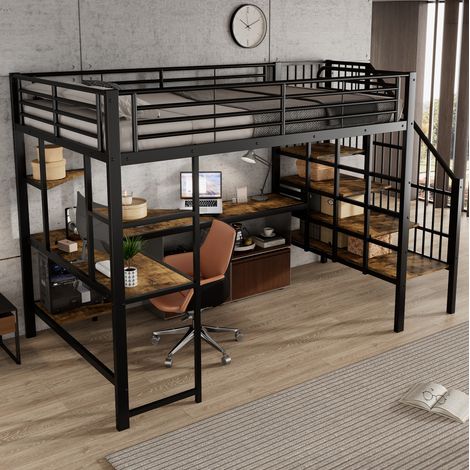 Hochbett 120x200 cm Schwarz und dunkles Walnussholz aus Metall und MDF mit Treppe, Schreibtisch und Ladeanschluss (1/5)