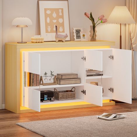 Buffet et enfilade avec 3 Portes, 4 Compartiments, Étagères Réglables et LED pour Salon Bureau en Panneau de Particules 140 × 40 × 84 cm Blanc (1/5)