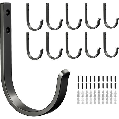 Lot de 10 patères, porte-serviettes et crochets muraux - Crochets sans perçage, porte-clés pour gobelets à brosse dents, salle bain, WC, noir, avec vis Noir'Noir