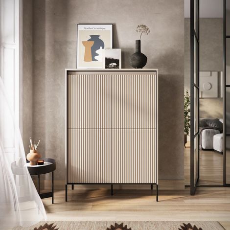 BOBOCHIC - Buffet haut 4 portes 100 cm LENARA avec tasseaux et LED Beige (1/4)