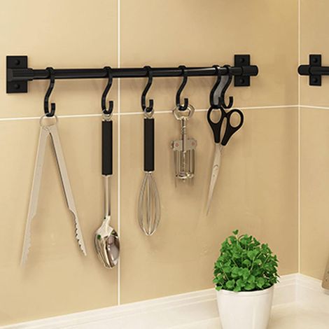 Barre de cuisine en aluminium pur noir SOSmart24 avec 8 crochets - Noir - Style nordique minimaliste - Support mural pour ustensiles, porte-suspension et rangement pratique pour la cuisine (1/5)