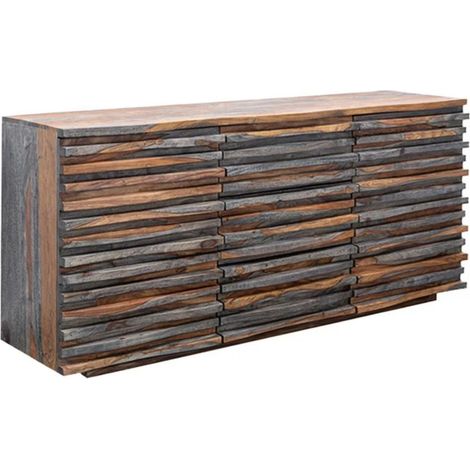 Buffet SAVANA 160 cm en bois massif de sheesham fumé gris – 2 portes, 3 tiroirs et façades sculptées (1/5)