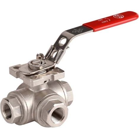 Vanne à sphère INOX 3 voies - Lumière en T - FF 3/8" (12/17) - PN40 poignée plate rouge - Sferaco