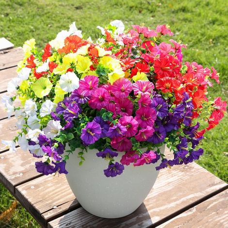 Plantes Artificielles Extérieures – Lot de 12 Fleurs Colorées Réalistes avec Eucalyptus, Décoration pour Jardinière, Porche, Patio et Jardin (1/5)