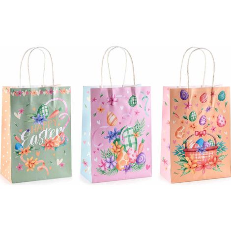 Sacchetti / buste piccole in carta con stampa pasquale e scritta Happy Easter, set da 48 pezzi, cm 15 x 8 x 21 H