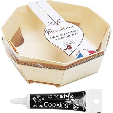 2 moules à gâteau bois Ø 18 cm + Stylo glaçage noir
