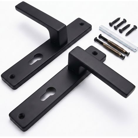 Relaxdays Juego de manillas puerta interior, cilindro perfil, muelle, 23,5x13,5 cm, placa larga, metal negro mate