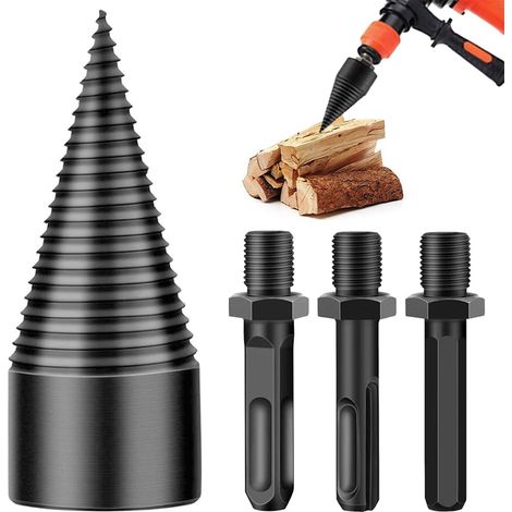 Fendeuse À Bois, Foret À Bois pour Fendre du Bois 42mm, Fendeuse de Bûches pour Machine à Bois de Chauffage, Foret Conique, Avec 3 Poignées de Forage, Carré/Rond/Hexagonal, Pour Coupe Bois (1/5)